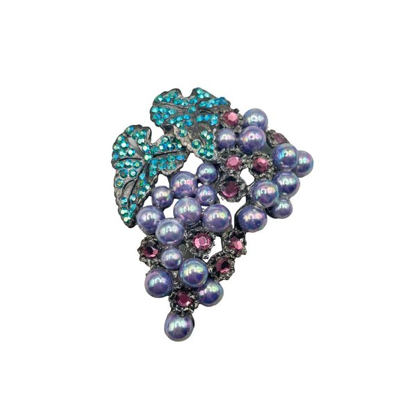 THELMA DEUTSCH Purple Pearls Grape Cluster Brooch Pin Borealis Aqua Rhinestones - Picture 1 of 11